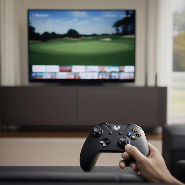 Xbox One controller with a golf game displayed on a TV screen
