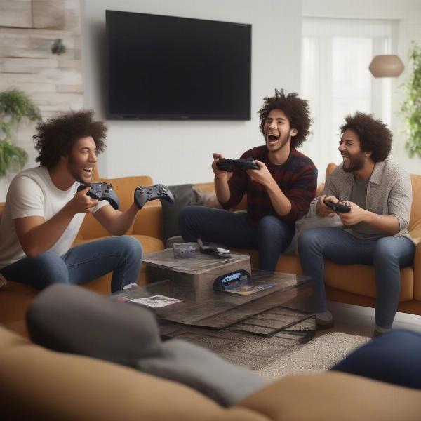 Excited gamers playing xbox split screen