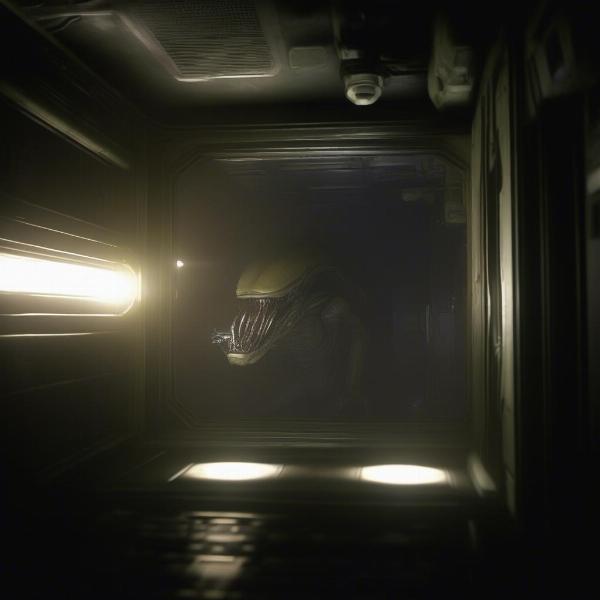 A dark screenshot of a player hiding from the Alien in Alien: Isolation